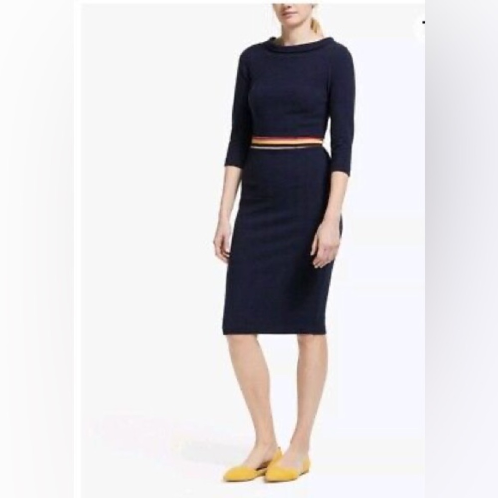 BODEN 🌼 Daisy Ottoman Rainbow Stripe Navy Blue Knit Sheath Dress Womens Sz 18L - Picture 2 of 12